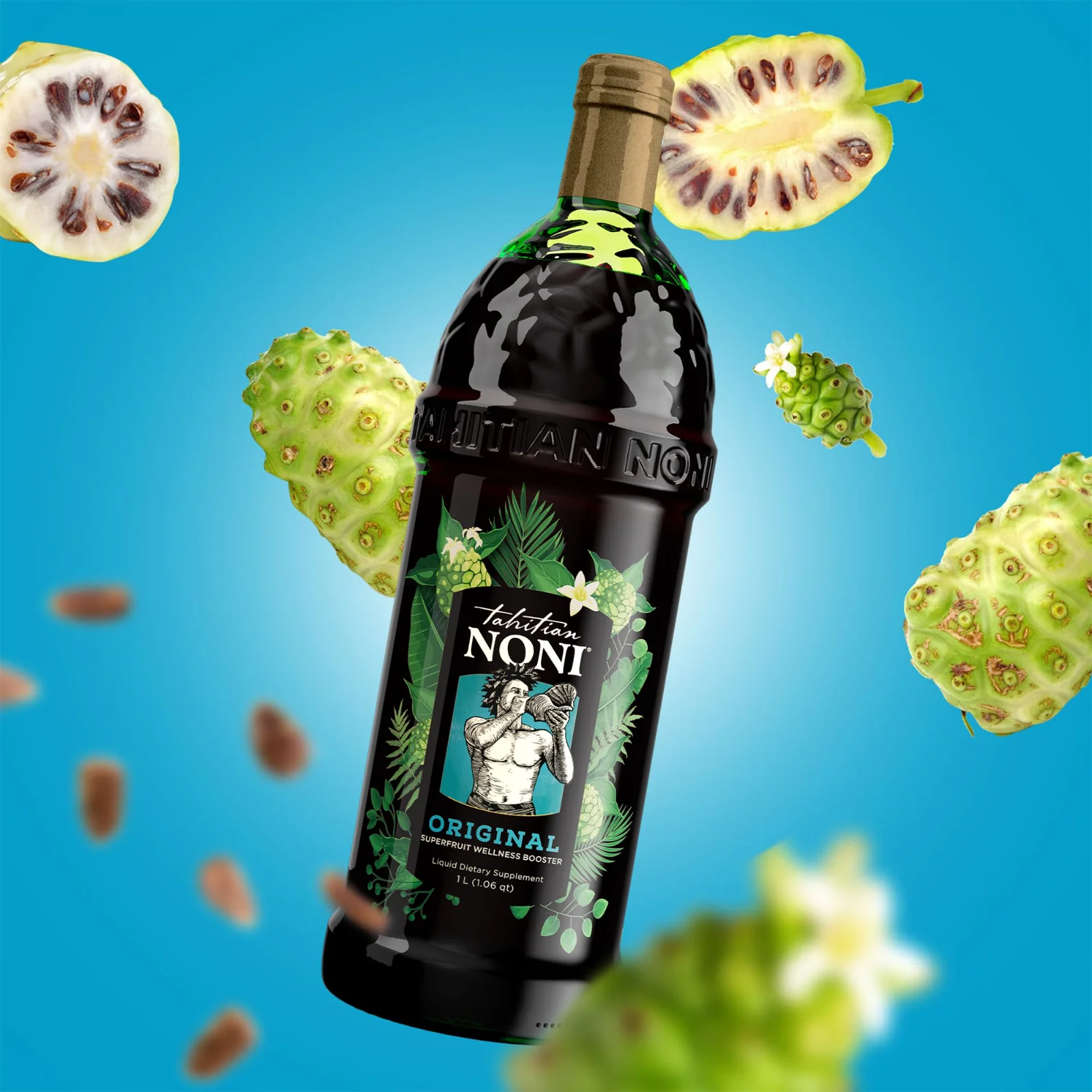 A bottle of Tahitian Noni noni juice beside cut noni fruit